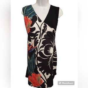 Mismash black and white wrap front floral print sleeveless midi dress